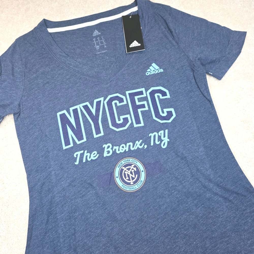 Adidas T-Shirt Womens S Blue V-Neck MLS New York City FC Logo Short Sleeve NWT